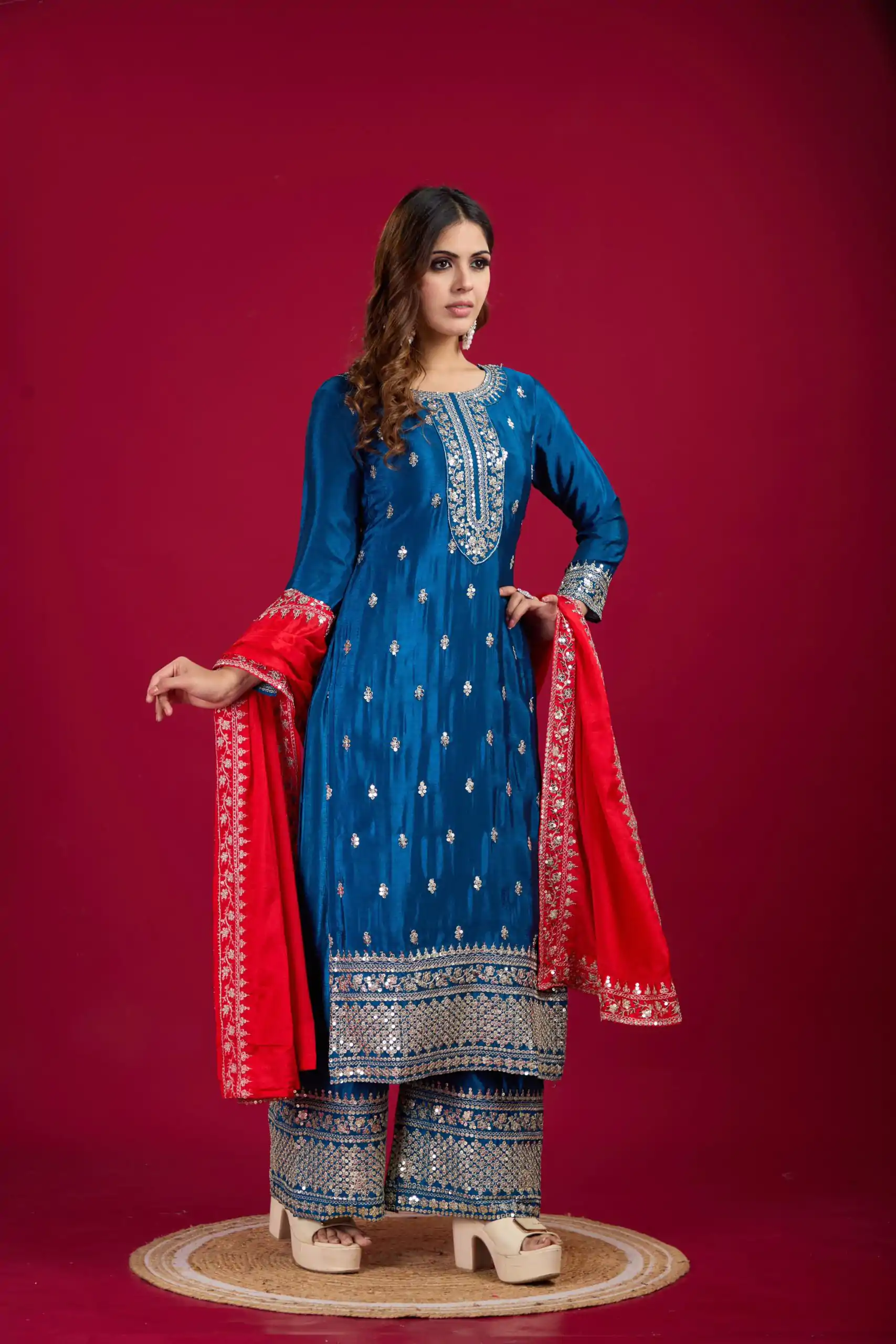 SRK 5231 Blue Color Pure Chinnon Silk With Embroidery Sequence Work Salwar Suit Casual, Wedding, Party, Festive, Events Etc.4-6 Working Days@ 1899/-only | Jump Suits, Casual Suits, Creative suits, Designer Suits, Palazzo Suits, Party Wear Suits, Patiala Suits, Salwar suit, Straight Suits