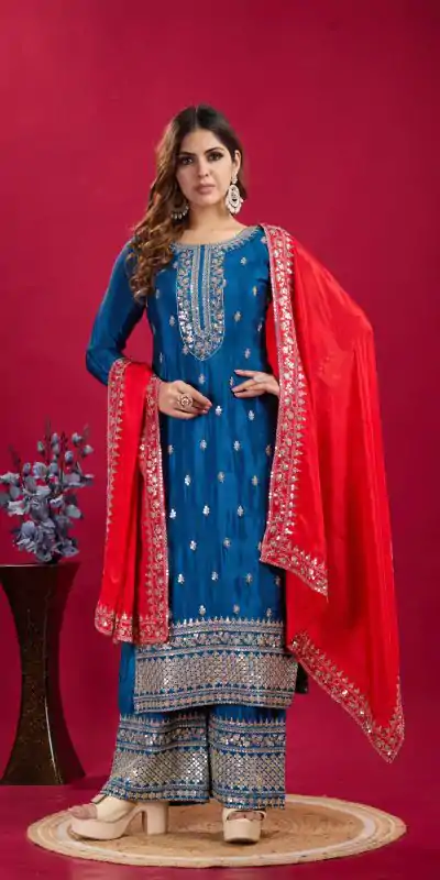 SRK 5231 Blue Color Pure Chinnon Silk With Embroidery Sequence Work Salwar Suit Casual, Wedding, Party, Festive, Events Etc.4-6 Working Days@ 1899/-only | Jump Suits, Casual Suits, Creative suits, Designer Suits, Palazzo Suits, Party Wear Suits, Patiala Suits, Salwar suit, Straight Suits