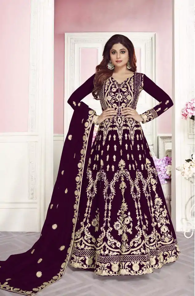 NSR 8266 Maroon Color Net With Chain Stich Stone Work Anarkali Gown Anarkali Gown Wedding Party, Festive, Events Etc.4-6 Working Days@2399/- only | Bollywood Gowns, Creative Gowns, Designer Gowns, Embroidered Gowns, Gowns, Party Wear Gowns, Straight Suits