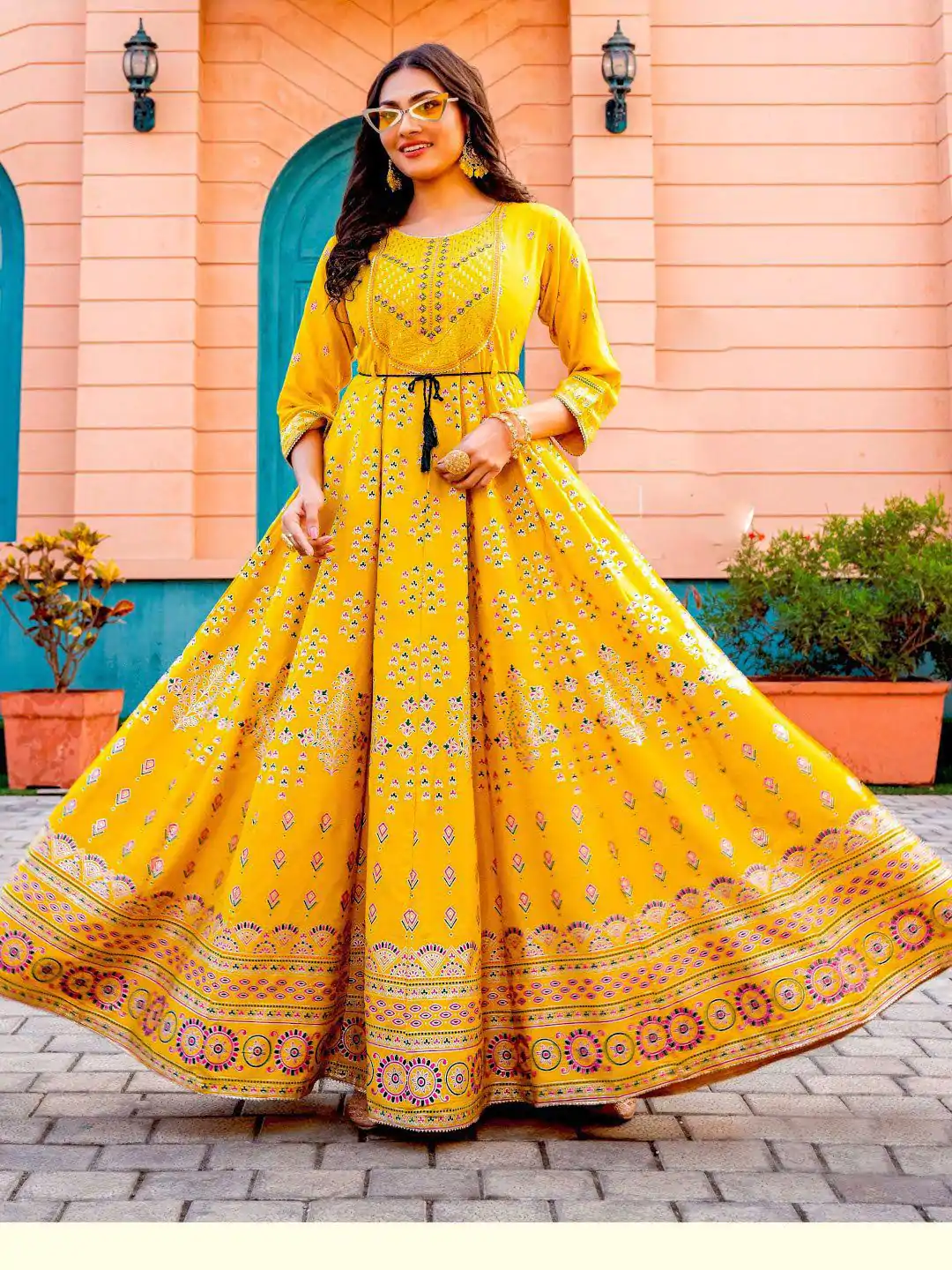  INLI Glam NX Yellow Color Rayon Print Embroidery Work Long Anarkali Gown Wedding Party, Festive, Events Etc.4-6 Working Days@1699/- only | Bollywood Gowns, Creative Gowns, Designer Gowns, Embroidered Gowns, Gowns, Party Wear Gowns, Straight Suits