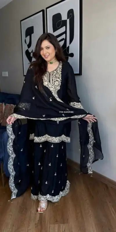 SRK 5231 Black Color Pure Chinnon Silk With Embroidery Coding Dori-Sequence Salwar Suit , Wedding, Party, Festive, Events Etc.4-6 Working Days@ 2099/-only | Jump Suits, Casual Suits, Creative suits, Designer Suits, Palazzo Suits, Party Wear Suits, Patiala Suits, Salwar suit, Straight Suits