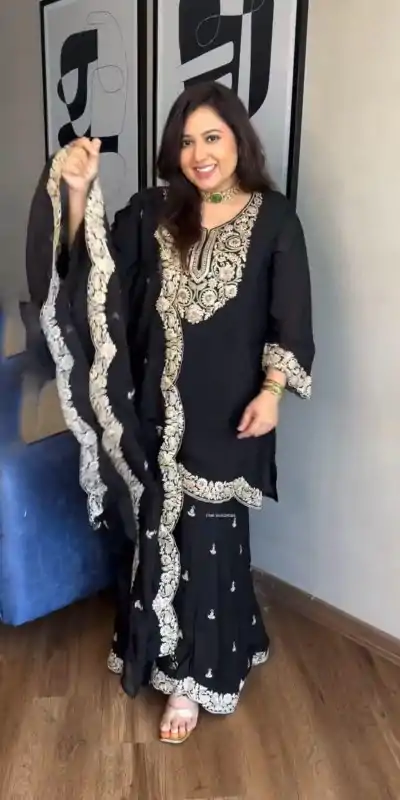 SRK 5231 Black Color Pure Chinnon Silk With Embroidery Coding Dori-Sequence Salwar Suit , Wedding, Party, Festive, Events Etc.4-6 Working Days@ 2099/-only | Jump Suits, Casual Suits, Creative suits, Designer Suits, Palazzo Suits, Party Wear Suits, Patiala Suits, Salwar suit, Straight Suits