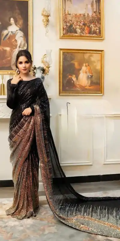 DF 3407 Black color Dual Sequins 3MM & 5MM Embroidery Sequins Work Saree Casual, Wedding, Festive, Events . Expected Delivery  4-6 Working Days @1749/- only | Bollywood Sarees, Creative Sarees, Designer Sarees, Embroidered Sarees, Ethnic Saree, Modern Digital sarees, Party Wear Sarees, Sarees