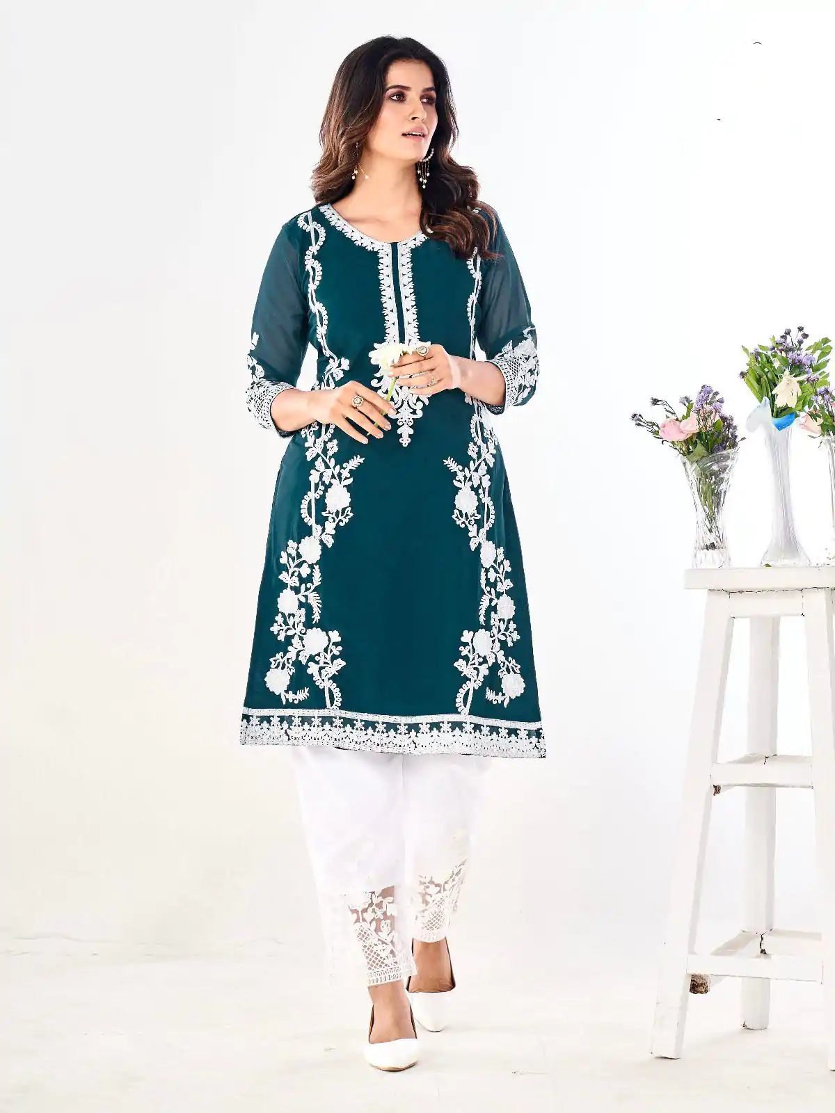 INLI Dark Green Color Georgette and Embroidery work Kurti With Pant Casual, Wedding, Party, Festive, Events Etc. Expected Delivery 4-6 Working Days @1649 | Bollywood Kurti, Creative Kurtis, Designer Kurti, Kurti, Party Wear Kurti, Selfie Kurti