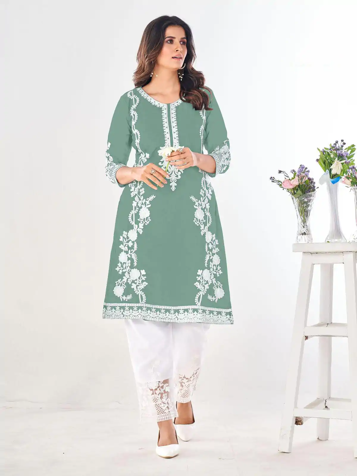 INLI Pista Green Color Georgette and Embroidery work Kurti With Pant Casual, Wedding, Party, Festive, Events Etc. Expected Delivery 4-6 Working Days @1649 | Bollywood Kurti, Creative Kurtis, Designer Kurti, Kurti, Party Wear Kurti, Selfie Kurti