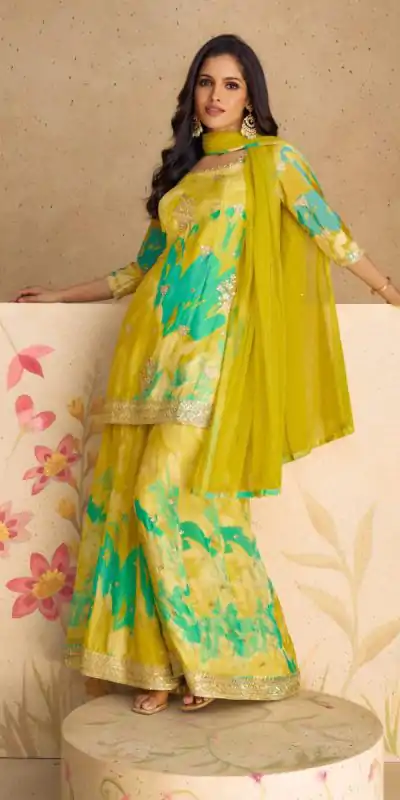 FC 5541 Mustad Yellow Color chinon Print Silk with Dall Crepe Sharara Suit Wedding, Party, Festive, Events Etc.  Expected Delivery 4-6 Working Days @2099/- | Jump Suits, Casual Suits, Creative suits, Designer Suits, Palazzo Suits, Party Wear Suits, Patiala Suits, Salwar suit, Straight Suits