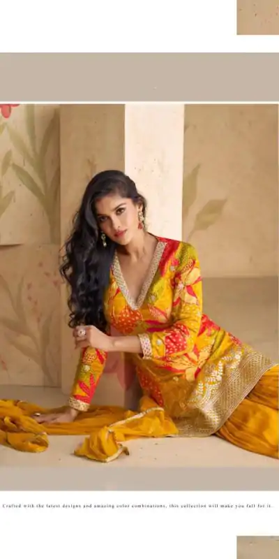 FC 5540 Yellow Color chinon Print Silk with Dall US Crepe Sharara Suit Wedding, Party, Festive, Events Etc.  Expected Delivery 4-6 Working Days @2099/- | Jump Suits, Casual Suits, Creative suits, Designer Suits, Palazzo Suits, Party Wear Suits, Patiala Suits, Salwar suit, Straight Suits