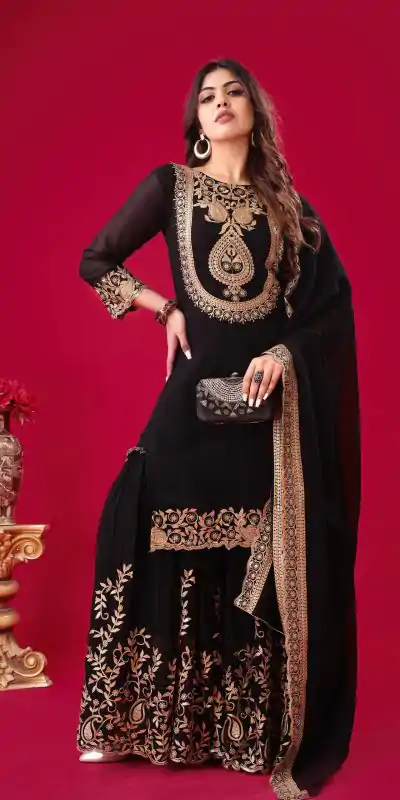 SRK-5242 Black Faux Georgette With Embroidery Sequence Thread Work Salwar Suit  Casual, Wedding, Party, Festive, Events Etc.4-6 Working Days@ 2099/-only | Jump Suits, Casual Suits, Creative suits, Designer Suits, Palazzo Suits, Party Wear Suits, Patiala Suits, Salwar suit, Straight Suits