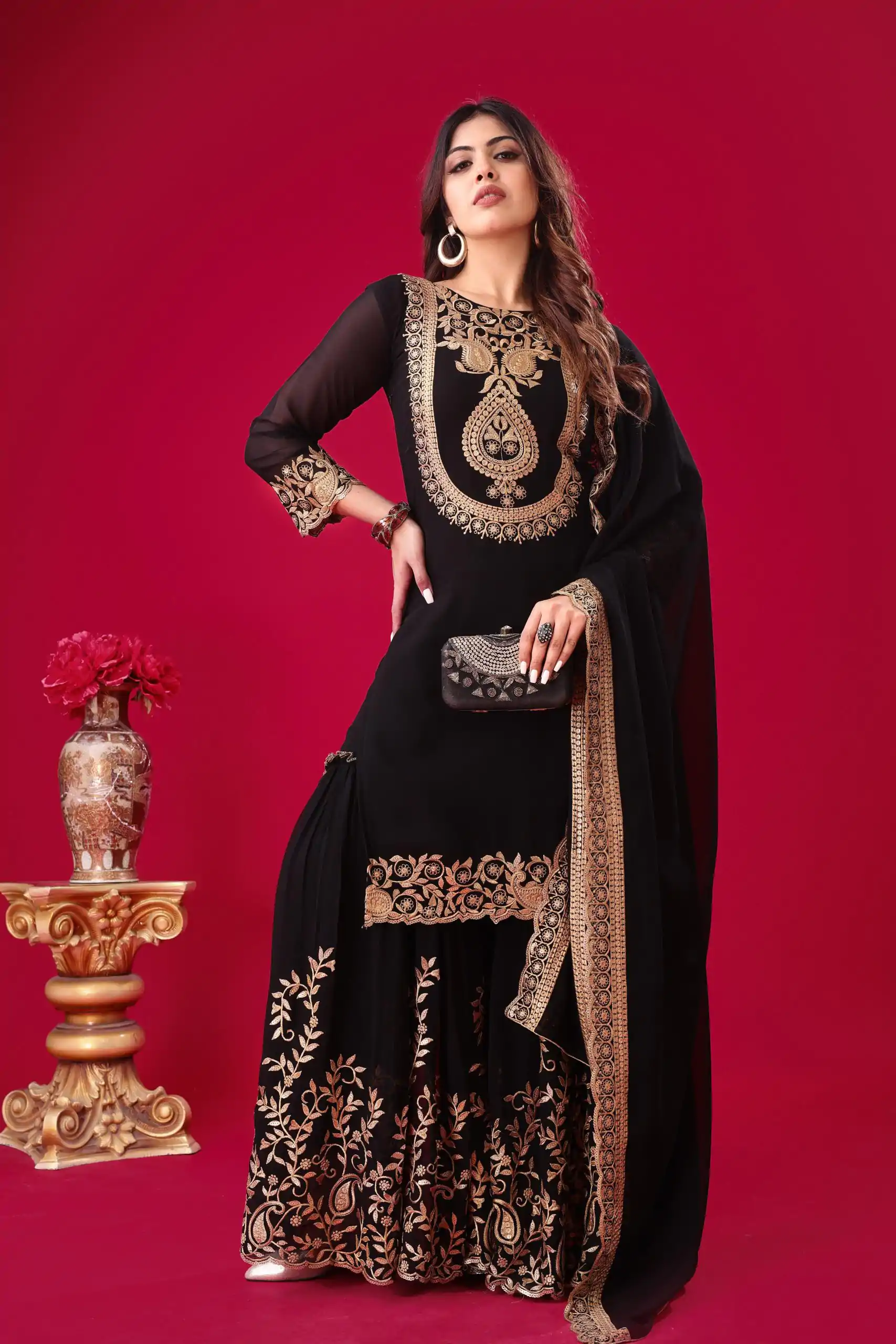 SRK-5242 Black Faux Georgette Embroidery Sequence Work Salwar Suit  Casual, Wedding, Party, Festive, Events Etc.4-6 Working Days@ 2099/-only | Jump Suits, Casual Suits, Creative suits, Designer Suits, Palazzo Suits, Party Wear Suits, Patiala Suits, Salwar suit, Straight Suits