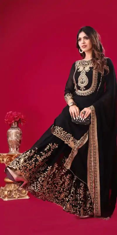 SRK-5242 Black Faux Georgette With Embroidery Sequence Thread Work Salwar Suit  Casual, Wedding, Party, Festive, Events Etc.4-6 Working Days@ 2099/-only | Jump Suits, Casual Suits, Creative suits, Designer Suits, Palazzo Suits, Party Wear Suits, Patiala Suits, Salwar suit, Straight Suits