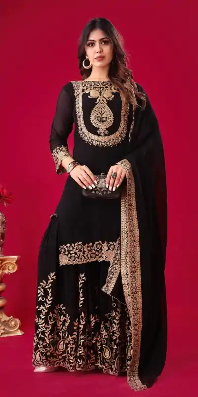 SRK-5242 Black Faux Georgette Embroidery Sequence Work Salwar Suit  Casual, Wedding, Party, Festive, Events Etc.4-6 Working Days@ 2099/-only | Jump Suits, Casual Suits, Creative suits, Designer Suits, Palazzo Suits, Party Wear Suits, Patiala Suits, Salwar suit, Straight Suits