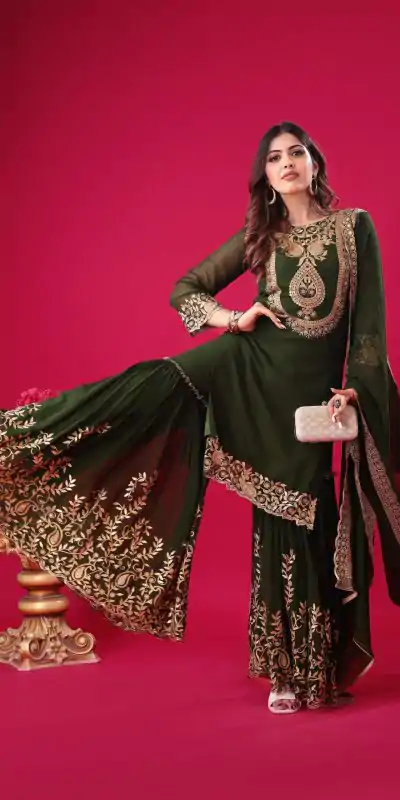 SRK-5242 Bottle Green Faux Georgette Embroidery Sequence Work Salwar Suit , Wedding, Party, Festive, Events Etc.4-6 Working Days@ 2099/-only | Jump Suits, Casual Suits, Creative suits, Designer Suits, Palazzo Suits, Party Wear Suits, Patiala Suits, Salwar suit, Straight Suits