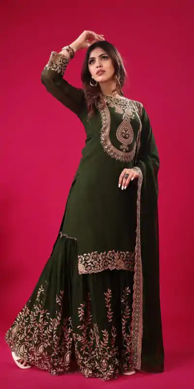 SRK-5242 Bottle Green Faux Georgette Embroidery Sequence Work Salwar Suit , Wedding, Party, Festive, Events Etc.4-6 Working Days@ 2099/-only | Jump Suits, Casual Suits, Creative suits, Designer Suits, Palazzo Suits, Party Wear Suits, Patiala Suits, Salwar suit, Straight Suits