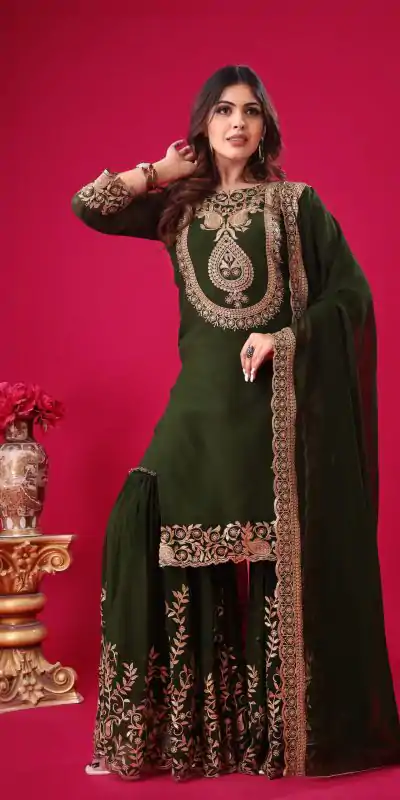 SRK-5242 Bottle Green Faux Georgette Embroidery Sequence Work Salwar Suit , Wedding, Party, Festive, Events Etc.4-6 Working Days@ 2099/-only | Jump Suits, Casual Suits, Creative suits, Designer Suits, Palazzo Suits, Party Wear Suits, Patiala Suits, Salwar suit, Straight Suits