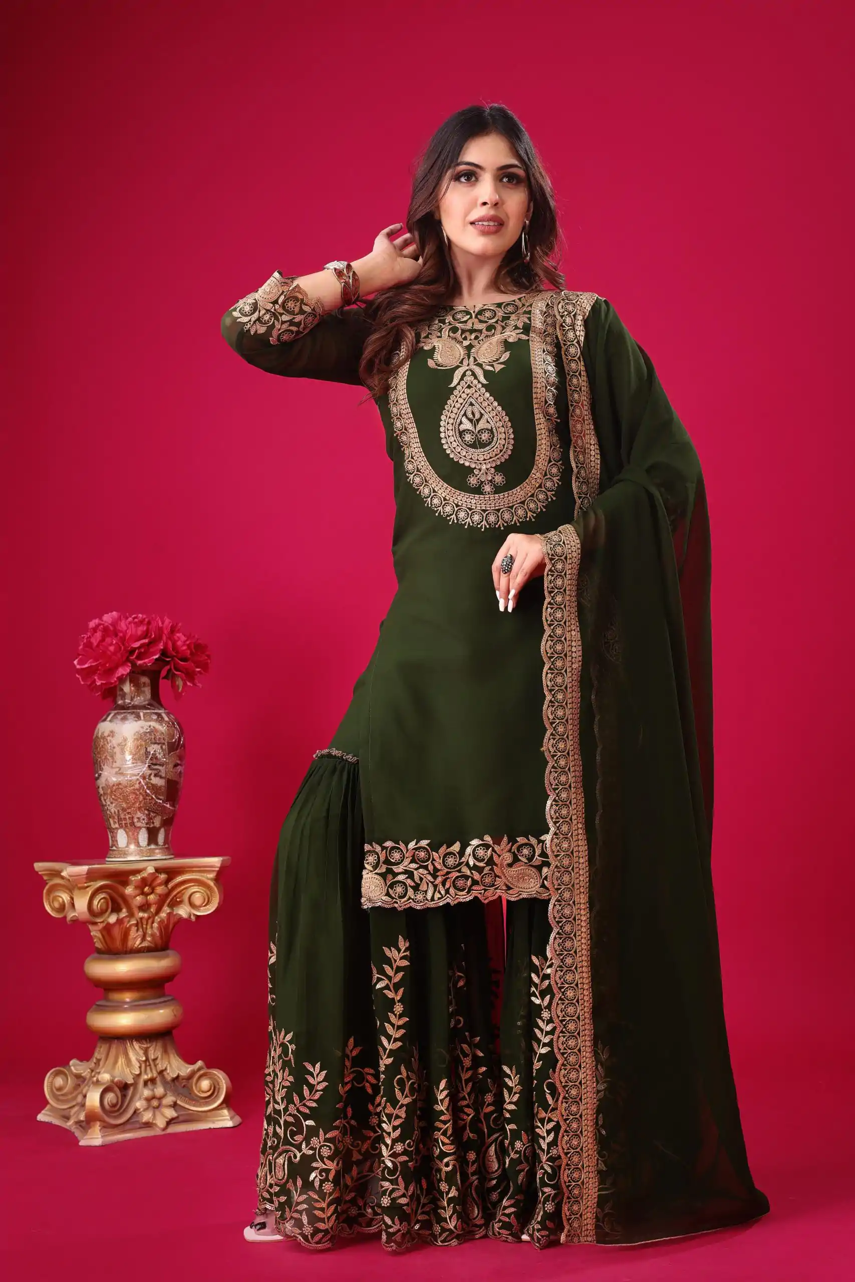 SRK-5242 Bottle Green Faux Georgette Embroidery Sequence Work Salwar Suit , Wedding, Party, Festive, Events Etc.4-6 Working Days@ 2099/-only | Jump Suits, Casual Suits, Creative suits, Designer Suits, Palazzo Suits, Party Wear Suits, Patiala Suits, Salwar suit, Straight Suits