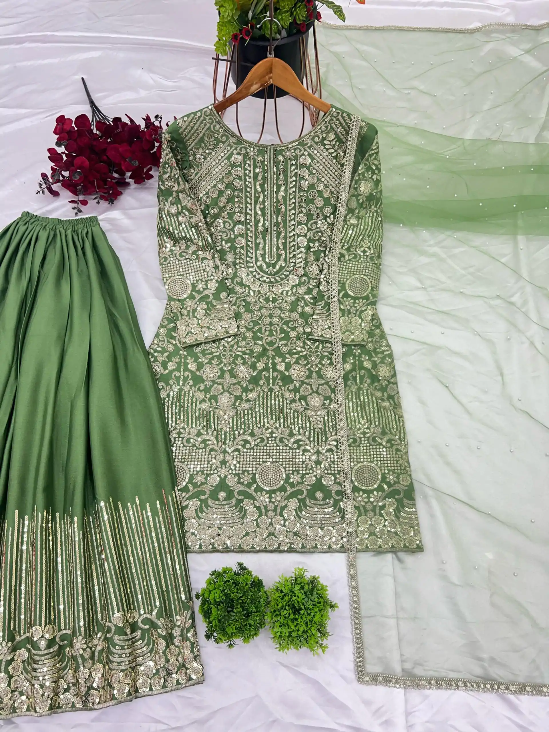 ZSR 3103 Green Chinnon Silk 5mm Embroidery Sequence With Moti Work Salwar Suit Casual, Wedding, Party, Festive, Events Etc.4-6 Working Days@ 2099/-only | Jump Suits, Casual Suits, Creative suits, Designer Suits, Palazzo Suits, Party Wear Suits, Patiala Suits, Salwar suit, Straight Suits