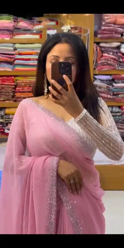 SC 218 Light Pink Color Georgette Hot Fix Stone Work Saree Casual, Wedding, Festive, Events . Expected Delivery  4-6 Working Days @1449/- only                                                                                                                                             | Bollywood Sarees, Creative Sarees, Designer Sarees, Embroidered Sarees, Ethnic Saree, Modern Digital sarees, Party Wear Sarees, Sarees