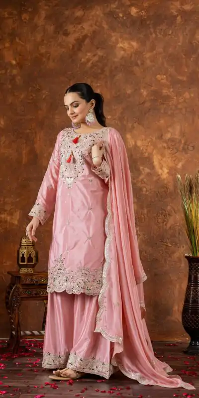 AD 191 Peach Color Chinon Silk Embroidery 3mm Sequence Coding Dori Work Salwar Suit , Wedding, Party, Festive, Events Etc.4-6 Working Days@ 2049/-only | Jump Suits, Casual Suits, Creative suits, Designer Suits, Palazzo Suits, Party Wear Suits, Patiala Suits, Salwar suit, Straight Suits