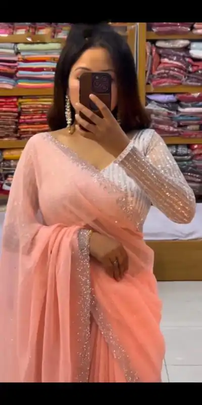 SC 218 Peach Color Georgette Hot Fix Stone Work Saree Casual, Wedding, Festive, Events . Expected Delivery  4-6 Working Days @1449/- only                                                                                                                                             | Bollywood Sarees, Creative Sarees, Designer Sarees, Embroidered Sarees, Ethnic Saree, Modern Digital sarees, Party Wear Sarees, Sarees