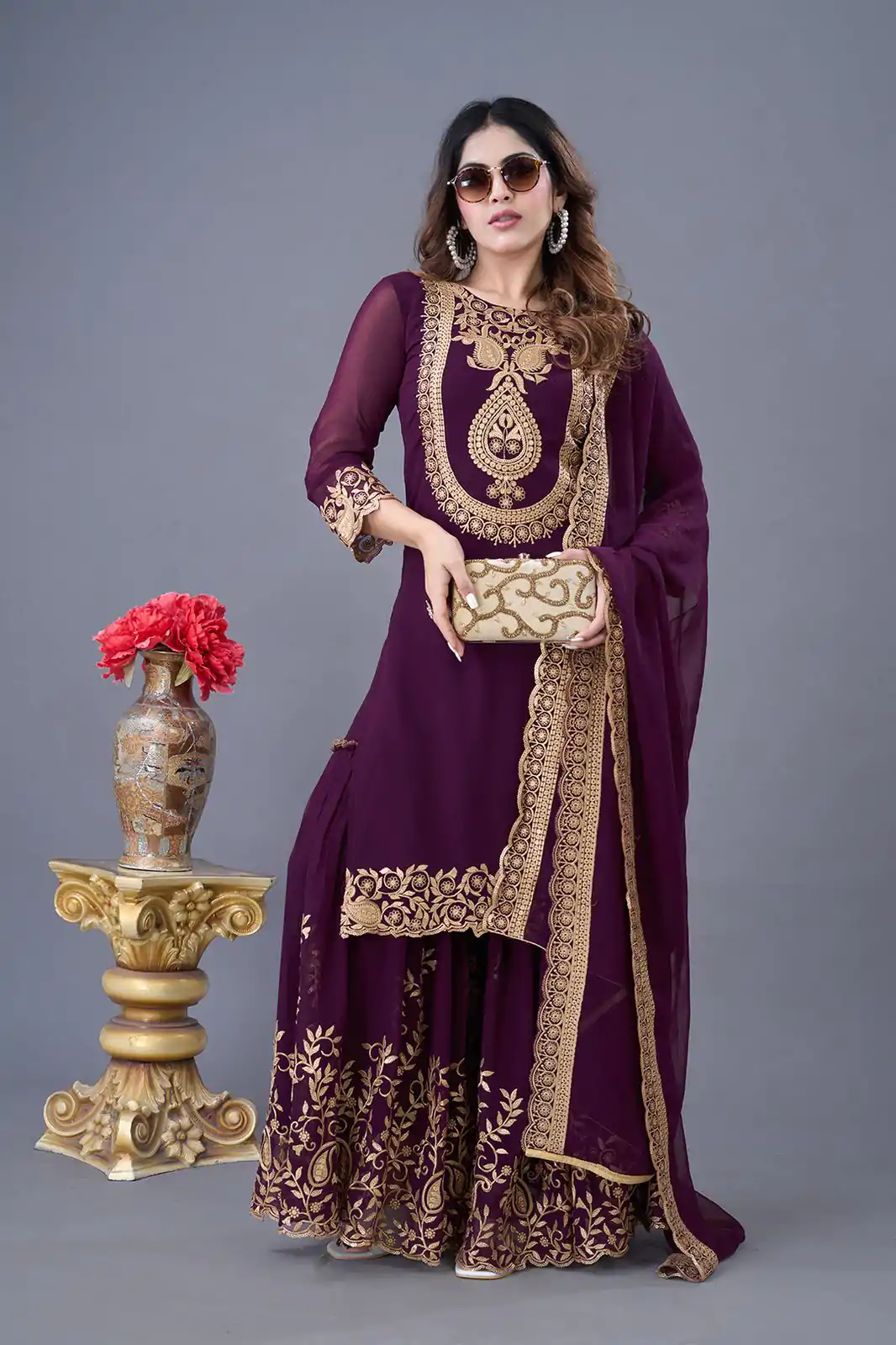 SRK-5242 Wine Faux Georgette With Embroidery Sequence Thread Work Salwar Suit  Casual, Wedding, Party, Festive, Events Etc.4-6 Working Days@ 2099/-only | Jump Suits, Casual Suits, Creative suits, Designer Suits, Palazzo Suits, Party Wear Suits, Patiala Suits, Salwar suit, Straight Suits