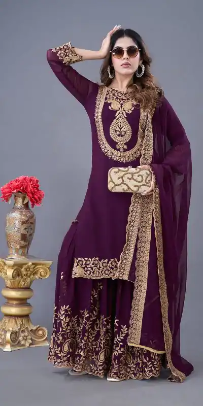 SRK-5242 Wine Faux Georgette With Embroidery Sequence Thread Work Salwar Suit  Casual, Wedding, Party, Festive, Events Etc.4-6 Working Days@ 2099/-only | Jump Suits, Casual Suits, Creative suits, Designer Suits, Palazzo Suits, Party Wear Suits, Patiala Suits, Salwar suit, Straight Suits