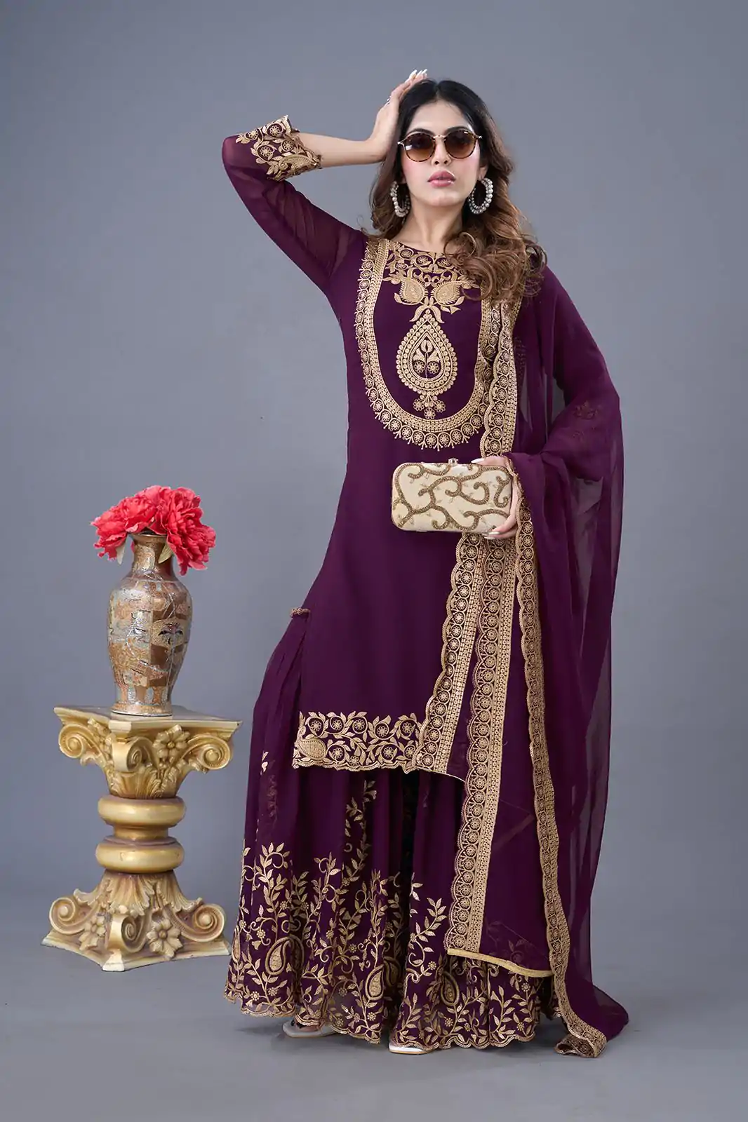 SRK-5242 Wine Faux Georgette With Embroidery Sequence Thread Work Salwar Suit  Casual, Wedding, Party, Festive, Events Etc.4-6 Working Days@ 2099/-only | Jump Suits, Casual Suits, Creative suits, Designer Suits, Palazzo Suits, Party Wear Suits, Patiala Suits, Salwar suit, Straight Suits