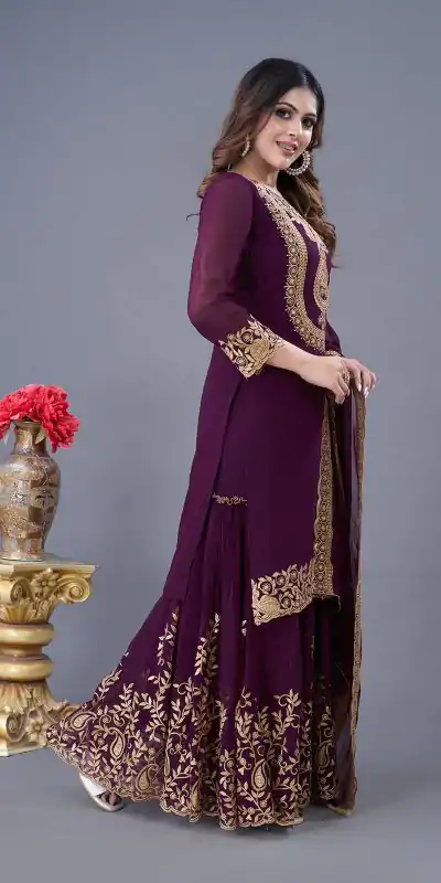 SRK-5242 Wine Faux Georgette With Embroidery Sequence Thread Work Salwar Suit  Casual, Wedding, Party, Festive, Events Etc.4-6 Working Days@ 2099/-only | Jump Suits, Casual Suits, Creative suits, Designer Suits, Palazzo Suits, Party Wear Suits, Patiala Suits, Salwar suit, Straight Suits