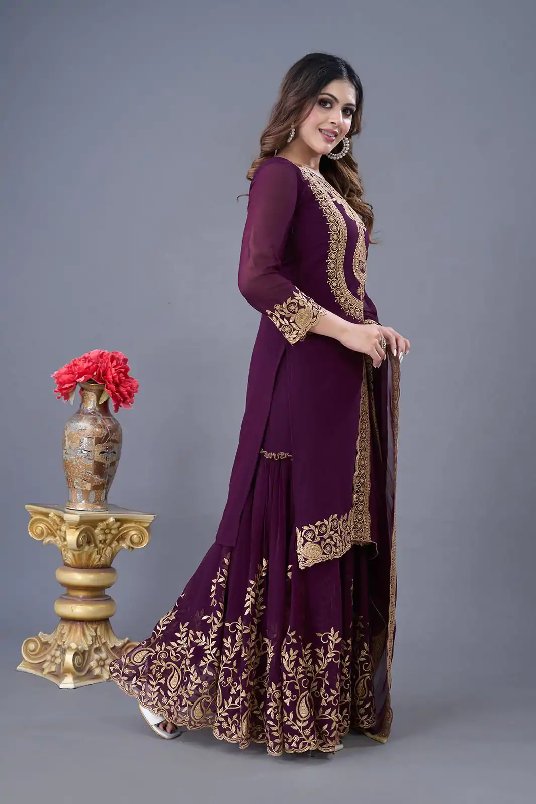 SRK-5242 Wine Faux Georgette With Embroidery Sequence Thread Work Salwar Suit  Casual, Wedding, Party, Festive, Events Etc.4-6 Working Days@ 2099/-only | Jump Suits, Casual Suits, Creative suits, Designer Suits, Palazzo Suits, Party Wear Suits, Patiala Suits, Salwar suit, Straight Suits