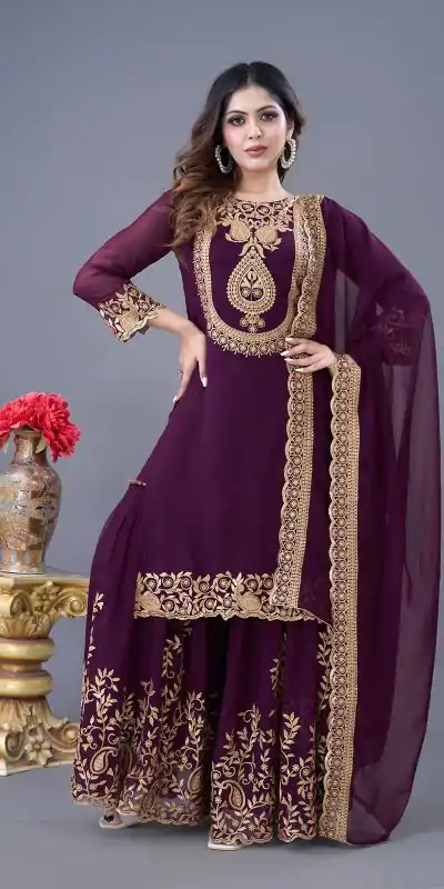 SRK-5242 Wine Faux Georgette With Embroidery Sequence Thread Work Salwar Suit  Casual, Wedding, Party, Festive, Events Etc.4-6 Working Days@ 2099/-only | Jump Suits, Casual Suits, Creative suits, Designer Suits, Palazzo Suits, Party Wear Suits, Patiala Suits, Salwar suit, Straight Suits