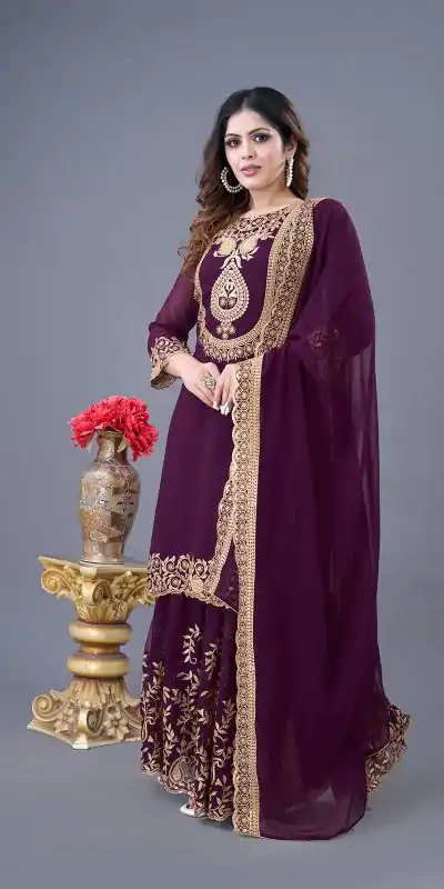 SRK-5242 Wine Faux Georgette With Embroidery Sequence Thread Work Salwar Suit  Casual, Wedding, Party, Festive, Events Etc.4-6 Working Days@ 2099/-only | Jump Suits, Casual Suits, Creative suits, Designer Suits, Palazzo Suits, Party Wear Suits, Patiala Suits, Salwar suit, Straight Suits
