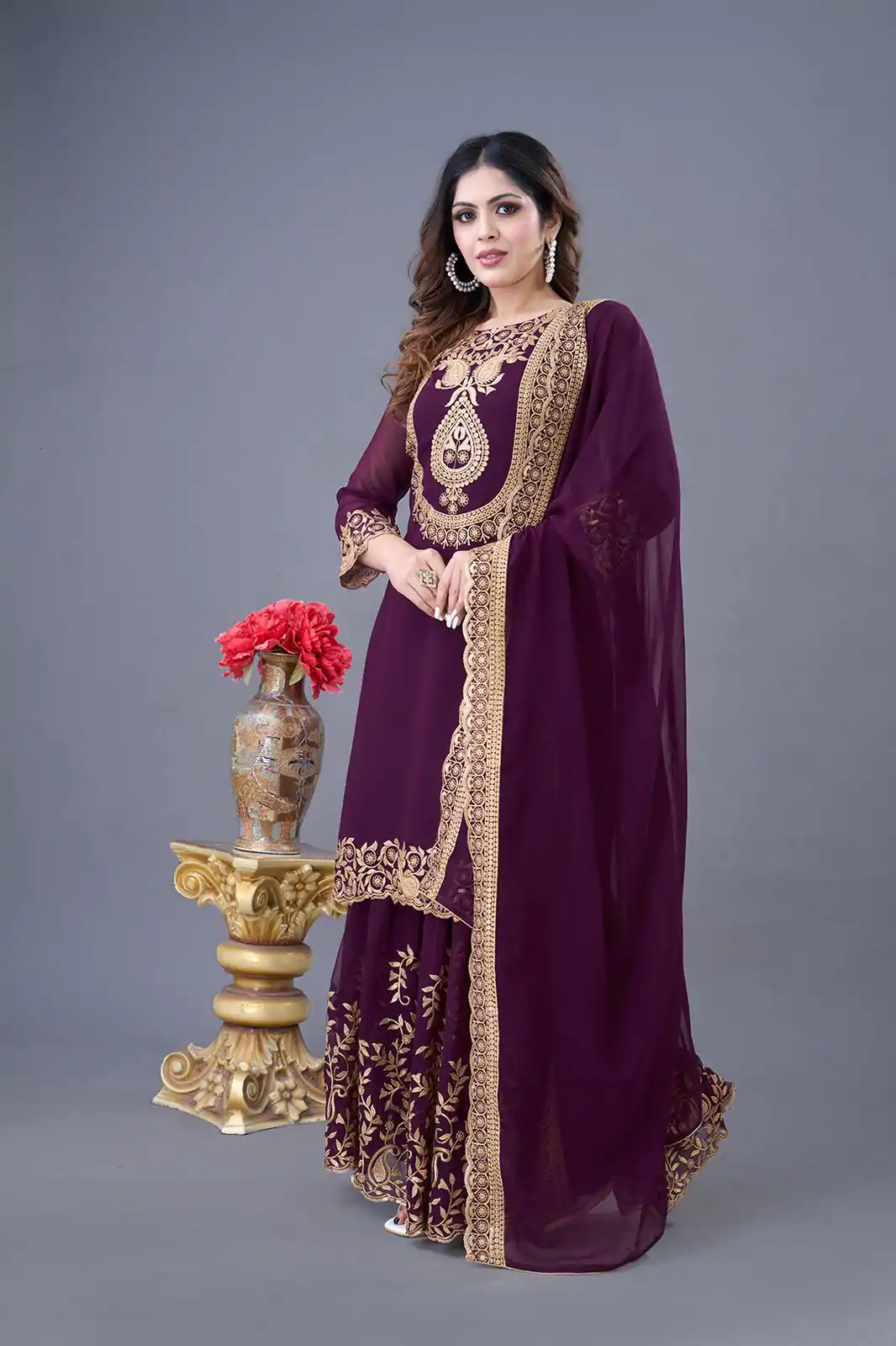 SRK-5242 Wine Faux Georgette With Embroidery Sequence Thread Work Salwar Suit  Casual, Wedding, Party, Festive, Events Etc.4-6 Working Days@ 2099/-only | Jump Suits, Casual Suits, Creative suits, Designer Suits, Palazzo Suits, Party Wear Suits, Patiala Suits, Salwar suit, Straight Suits