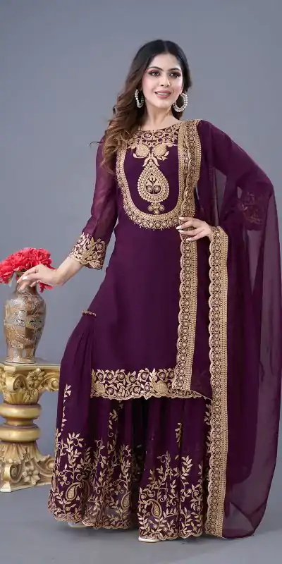 SRK-5242 Wine Faux Georgette With Embroidery Sequence Thread Work Salwar Suit  Casual, Wedding, Party, Festive, Events Etc.4-6 Working Days@ 2099/-only | Jump Suits, Casual Suits, Creative suits, Designer Suits, Palazzo Suits, Party Wear Suits, Patiala Suits, Salwar suit, Straight Suits