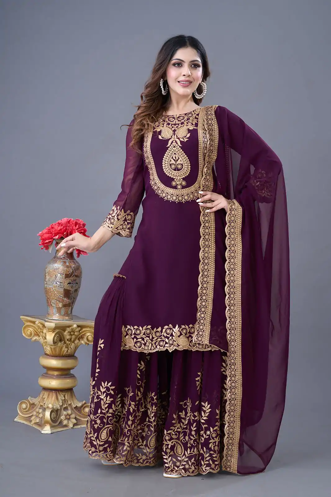 SRK-5242 Wine Faux Georgette With Embroidery Sequence Thread Work Salwar Suit  Casual, Wedding, Party, Festive, Events Etc.4-6 Working Days@ 2099/-only | Jump Suits, Casual Suits, Creative suits, Designer Suits, Palazzo Suits, Party Wear Suits, Patiala Suits, Salwar suit, Straight Suits