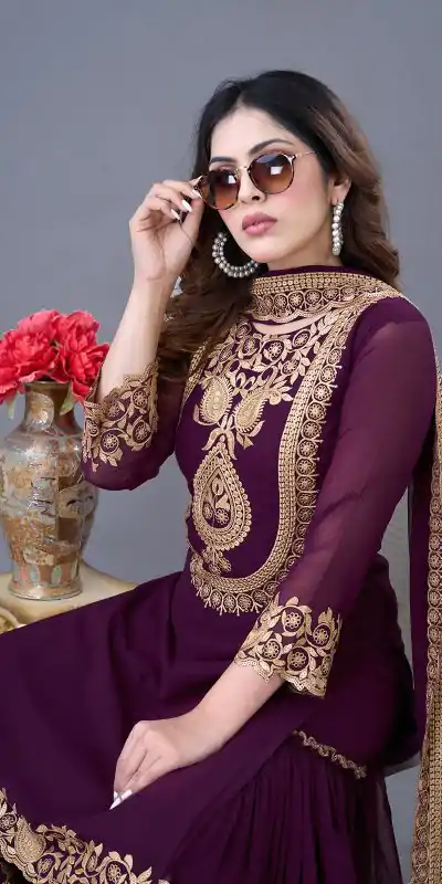 SRK-5242 Wine Faux Georgette With Embroidery Sequence Thread Work Salwar Suit  Casual, Wedding, Party, Festive, Events Etc.4-6 Working Days@ 2099/-only | Jump Suits, Casual Suits, Creative suits, Designer Suits, Palazzo Suits, Party Wear Suits, Patiala Suits, Salwar suit, Straight Suits