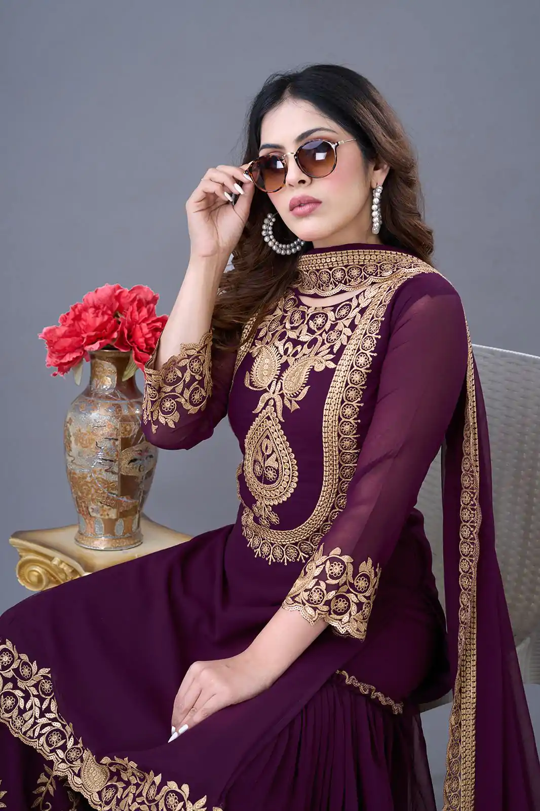 SRK-5242 Wine Faux Georgette With Embroidery Sequence Thread Work Salwar Suit  Casual, Wedding, Party, Festive, Events Etc.4-6 Working Days@ 2099/-only | Jump Suits, Casual Suits, Creative suits, Designer Suits, Palazzo Suits, Party Wear Suits, Patiala Suits, Salwar suit, Straight Suits