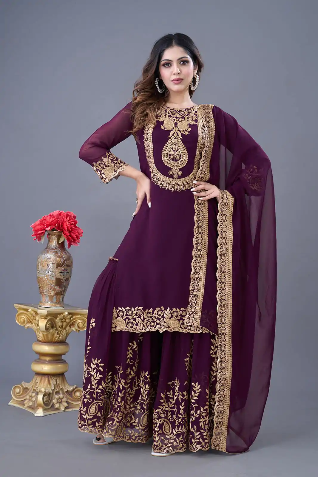SRK-5242 Wine Faux Georgette With Embroidery Sequence Thread Work Salwar Suit  Casual, Wedding, Party, Festive, Events Etc.4-6 Working Days@ 2099/-only | Jump Suits, Casual Suits, Creative suits, Designer Suits, Palazzo Suits, Party Wear Suits, Patiala Suits, Salwar suit, Straight Suits