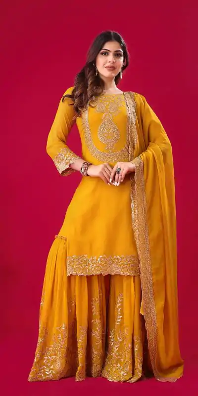 SRK-5242 Yellow Faux Georgette With Embroidery Sequence Thread Work Salwar Suit , Wedding, Party, Festive, Events Etc.4-6 Working Days@ 2099/-only | Jump Suits, Casual Suits, Creative suits, Designer Suits, Palazzo Suits, Party Wear Suits, Patiala Suits, Salwar suit, Straight Suits