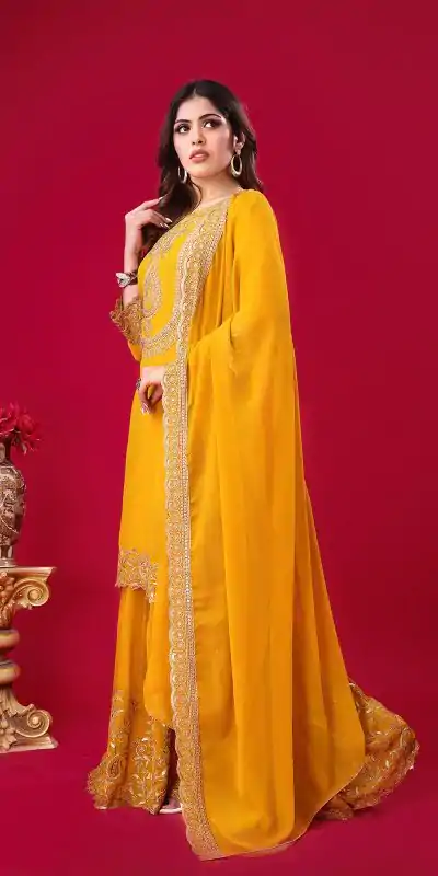 SRK-5242 Yellow Faux Georgette With Embroidery Sequence Thread Work Salwar Suit , Wedding, Party, Festive, Events Etc.4-6 Working Days@ 2099/-only | Jump Suits, Casual Suits, Creative suits, Designer Suits, Palazzo Suits, Party Wear Suits, Patiala Suits, Salwar suit, Straight Suits