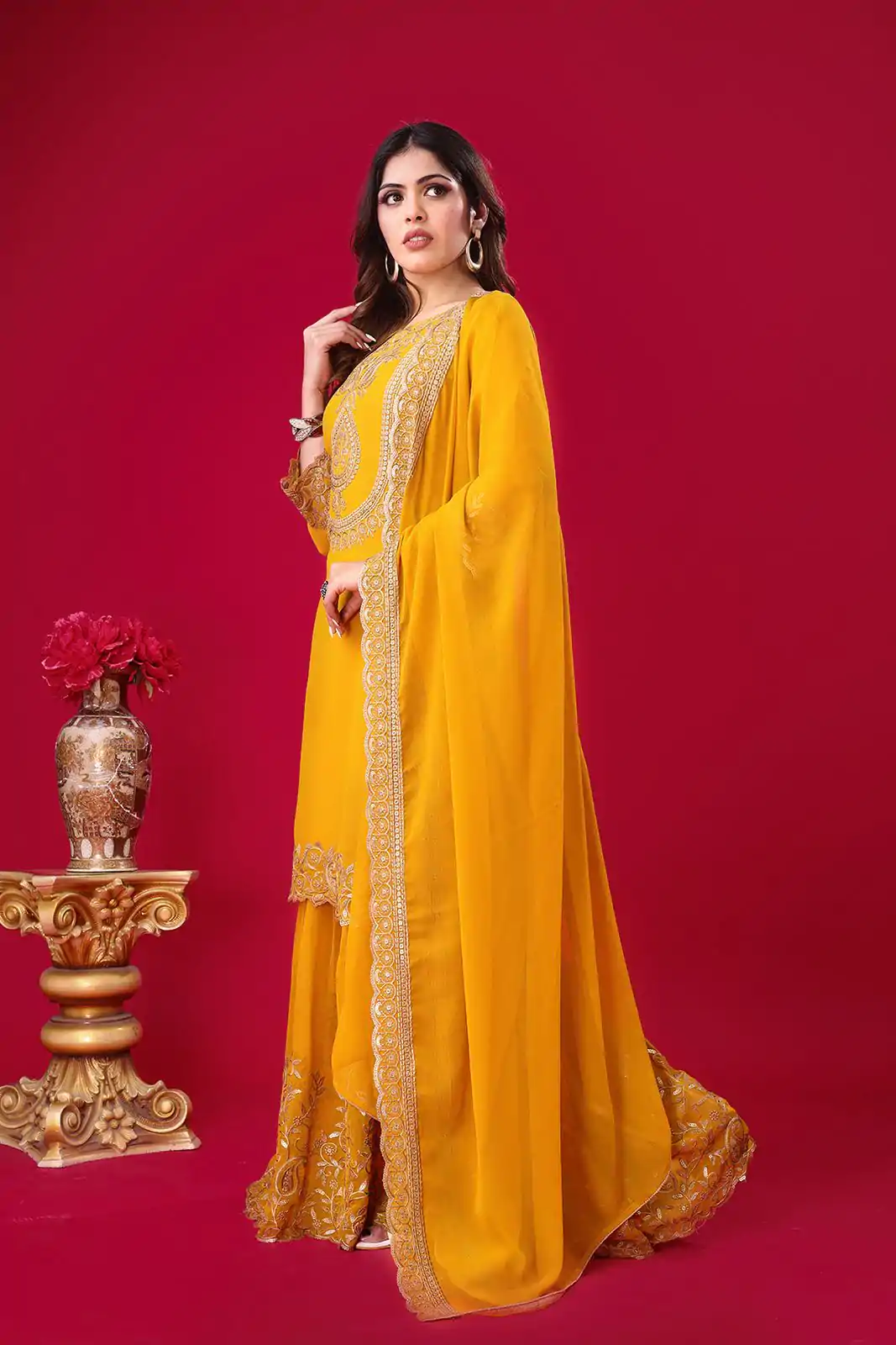 SRK-5242 Yellow Faux Georgette With Embroidery Sequence Thread Work Salwar Suit , Wedding, Party, Festive, Events Etc.4-6 Working Days@ 2099/-only | Jump Suits, Casual Suits, Creative suits, Designer Suits, Palazzo Suits, Party Wear Suits, Patiala Suits, Salwar suit, Straight Suits