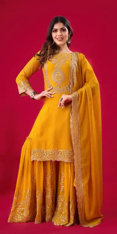 SRK-5242 Yellow Faux Georgette With Embroidery Sequence Thread Work Salwar Suit , Wedding, Party, Festive, Events Etc.4-6 Working Days@ 2099/-only | Jump Suits, Casual Suits, Creative suits, Designer Suits, Palazzo Suits, Party Wear Suits, Patiala Suits, Salwar suit, Straight Suits