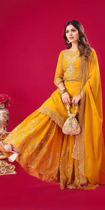 SRK-5242 Yellow Faux Georgette With Embroidery Sequence Thread Work Salwar Suit , Wedding, Party, Festive, Events Etc.4-6 Working Days@ 2099/-only | Jump Suits, Casual Suits, Creative suits, Designer Suits, Palazzo Suits, Party Wear Suits, Patiala Suits, Salwar suit, Straight Suits