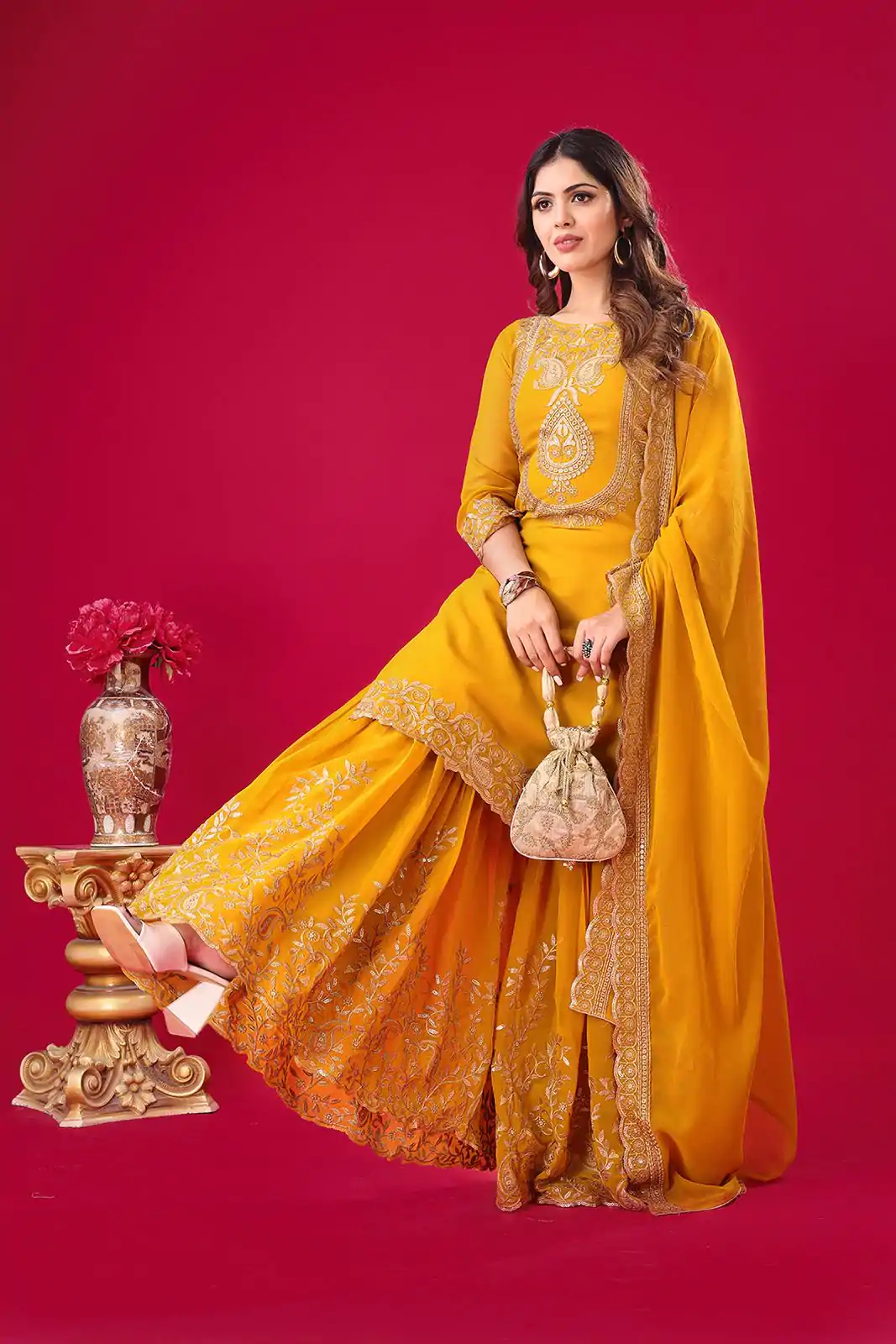 SRK-5242 Yellow Faux Georgette With Embroidery Sequence Thread Work Salwar Suit , Wedding, Party, Festive, Events Etc.4-6 Working Days@ 2099/-only | Jump Suits, Casual Suits, Creative suits, Designer Suits, Palazzo Suits, Party Wear Suits, Patiala Suits, Salwar suit, Straight Suits