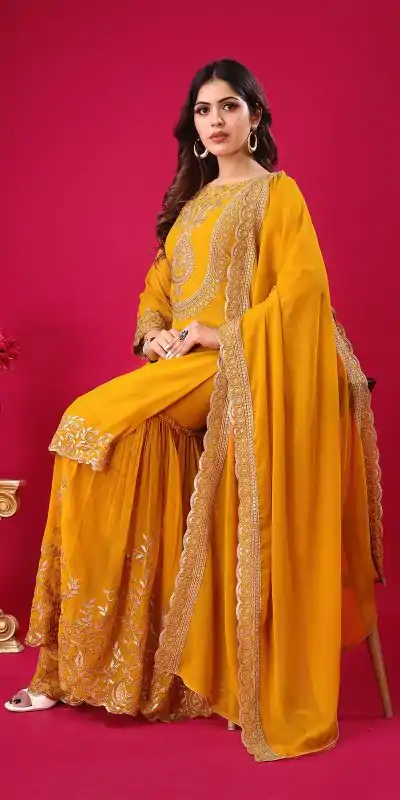 SRK-5242 Yellow Faux Georgette With Embroidery Sequence Thread Work Salwar Suit , Wedding, Party, Festive, Events Etc.4-6 Working Days@ 2099/-only | Jump Suits, Casual Suits, Creative suits, Designer Suits, Palazzo Suits, Party Wear Suits, Patiala Suits, Salwar suit, Straight Suits