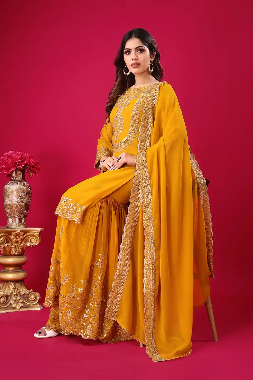 SRK-5242 Yellow Faux Georgette With Embroidery Sequence Thread Work Salwar Suit , Wedding, Party, Festive, Events Etc.4-6 Working Days@ 2099/-only | Jump Suits, Casual Suits, Creative suits, Designer Suits, Palazzo Suits, Party Wear Suits, Patiala Suits, Salwar suit, Straight Suits