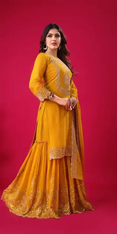 SRK-5242 Yellow Faux Georgette With Embroidery Sequence Thread Work Salwar Suit , Wedding, Party, Festive, Events Etc.4-6 Working Days@ 2099/-only | Jump Suits, Casual Suits, Creative suits, Designer Suits, Palazzo Suits, Party Wear Suits, Patiala Suits, Salwar suit, Straight Suits
