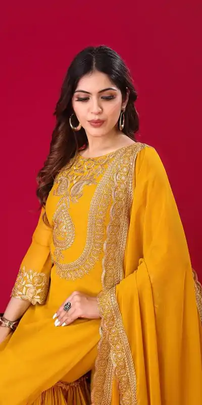 SRK-5242 Yellow Faux Georgette With Embroidery Sequence Thread Work Salwar Suit , Wedding, Party, Festive, Events Etc.4-6 Working Days@ 2099/-only | Jump Suits, Casual Suits, Creative suits, Designer Suits, Palazzo Suits, Party Wear Suits, Patiala Suits, Salwar suit, Straight Suits