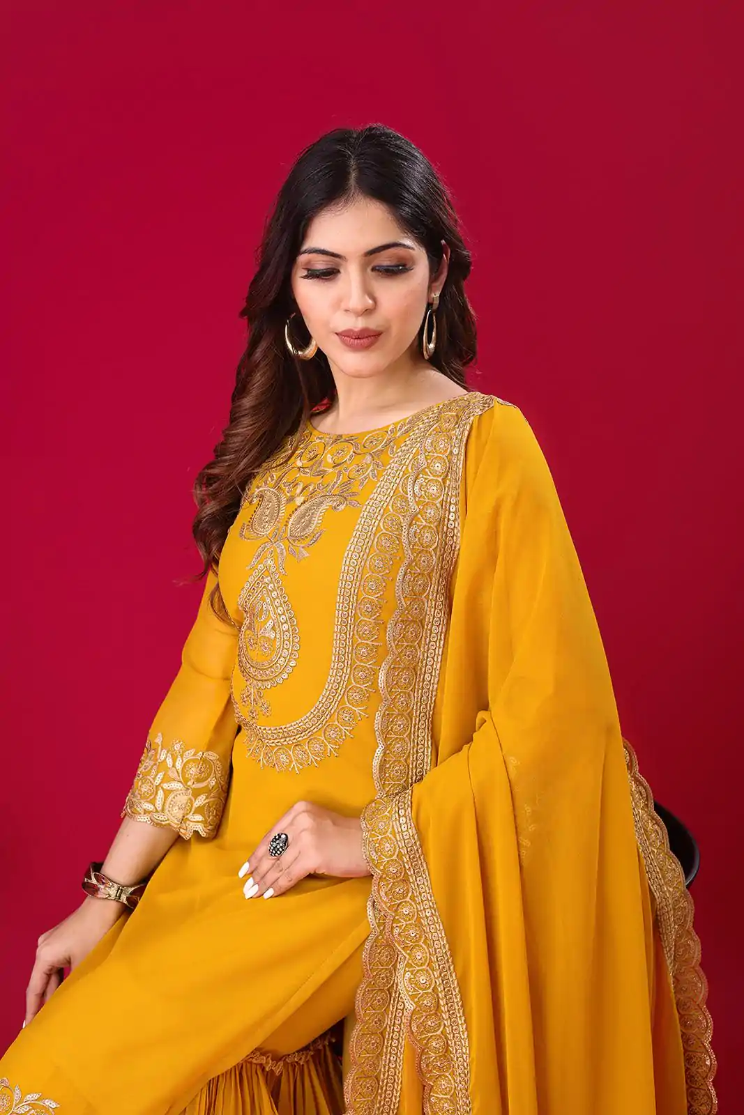 SRK-5242 Yellow Faux Georgette With Embroidery Sequence Thread Work Salwar Suit , Wedding, Party, Festive, Events Etc.4-6 Working Days@ 2099/-only | Jump Suits, Casual Suits, Creative suits, Designer Suits, Palazzo Suits, Party Wear Suits, Patiala Suits, Salwar suit, Straight Suits