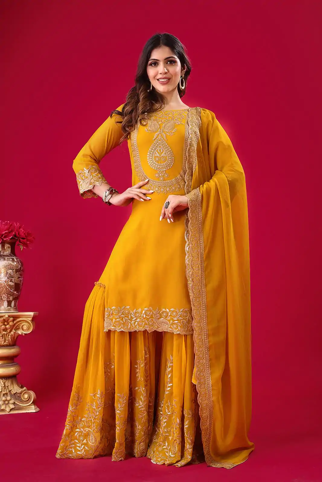 SRK-5242 Yellow Faux Georgette With Embroidery Sequence Thread Work Salwar Suit , Wedding, Party, Festive, Events Etc.4-6 Working Days@ 2099/-only | Jump Suits, Casual Suits, Creative suits, Designer Suits, Palazzo Suits, Party Wear Suits, Patiala Suits, Salwar suit, Straight Suits