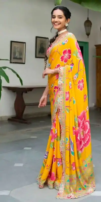 MS 472 Yellow color Chinon Printed Multicolored Embroidery Coding Sequins Lace Saree Wedding, Festive, Events . Expected Delivery  4-6 Working Days @1649/- | Bollywood Sarees, Creative Sarees, Designer Sarees, Embroidered Sarees, Ethnic Saree, Modern Digital sarees, Party Wear Sarees, Sarees