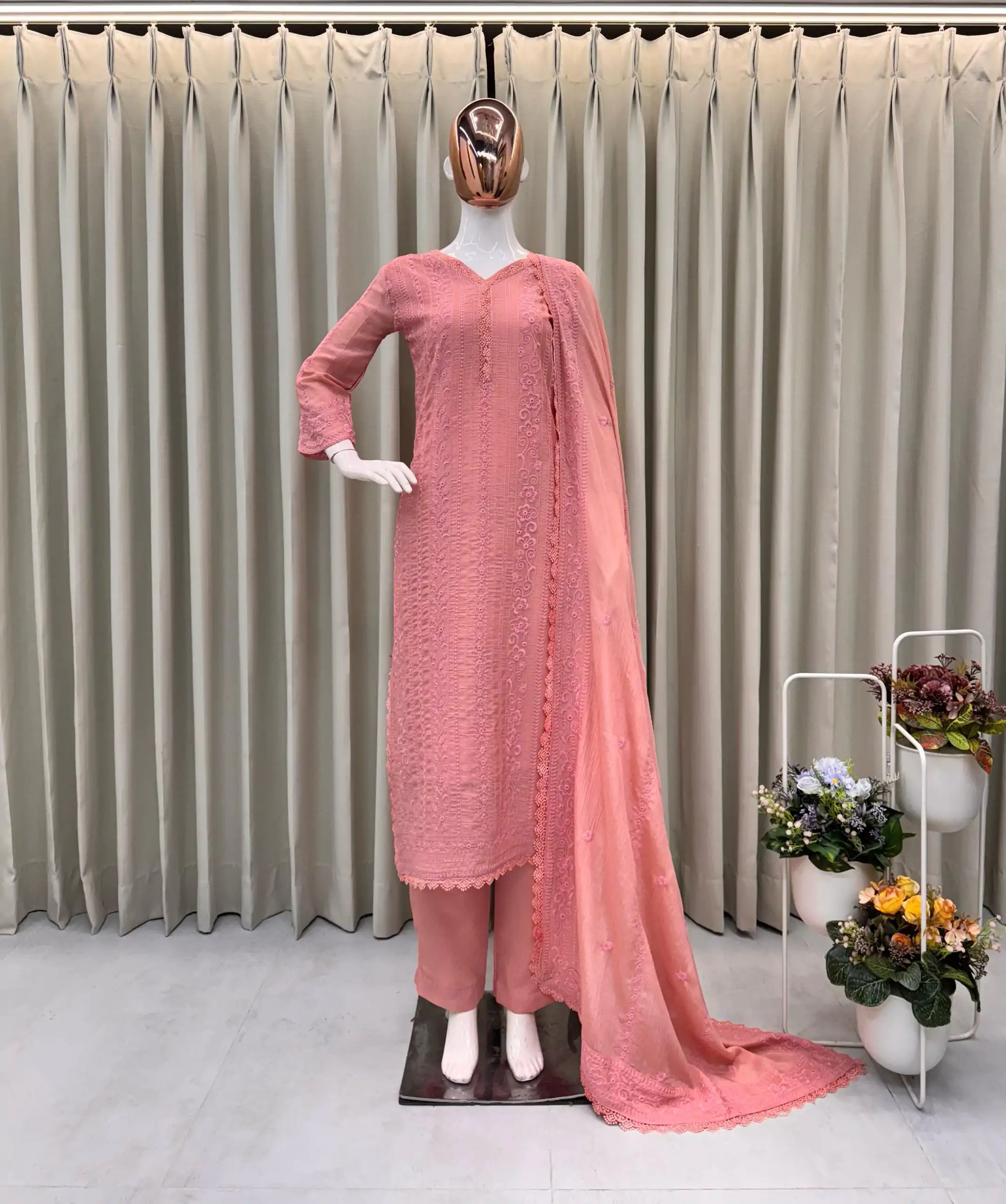  BE 322 Peach Color Chinon Cotton Thread Embroidery Work Salwar Suit Casual, Wedding, Party, Festive, Events Etc.4-6 Working Days@ 2099/-only | Jump Suits, Casual Suits, Creative suits, Designer Suits, Palazzo Suits, Party Wear Suits, Patiala Suits, Salwar suit, Straight Suits